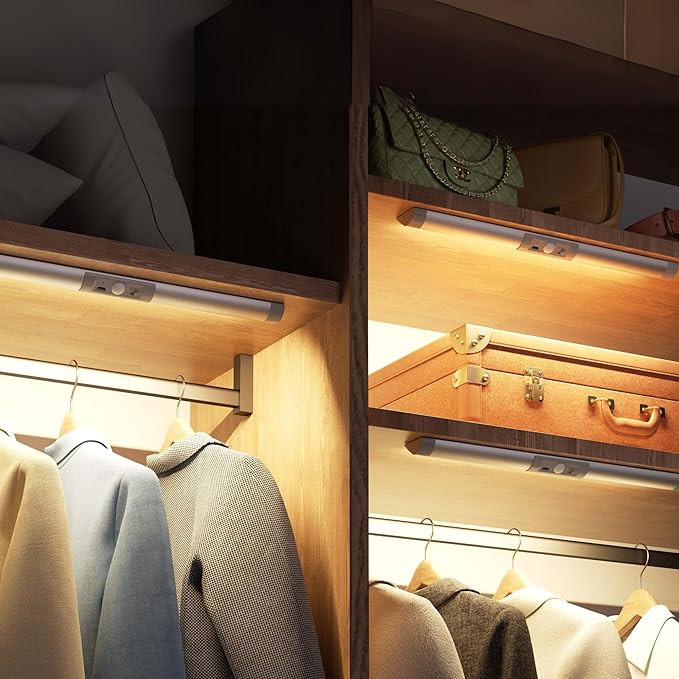 Joyzy Automatic Motion Sensor Closet Lighting with Eye-Protection Design, LED Closet Lights for Under Cabinet Wireless Light, Rechargeable Wardrobe Pantry Lights (2pack with Warm Lighting)