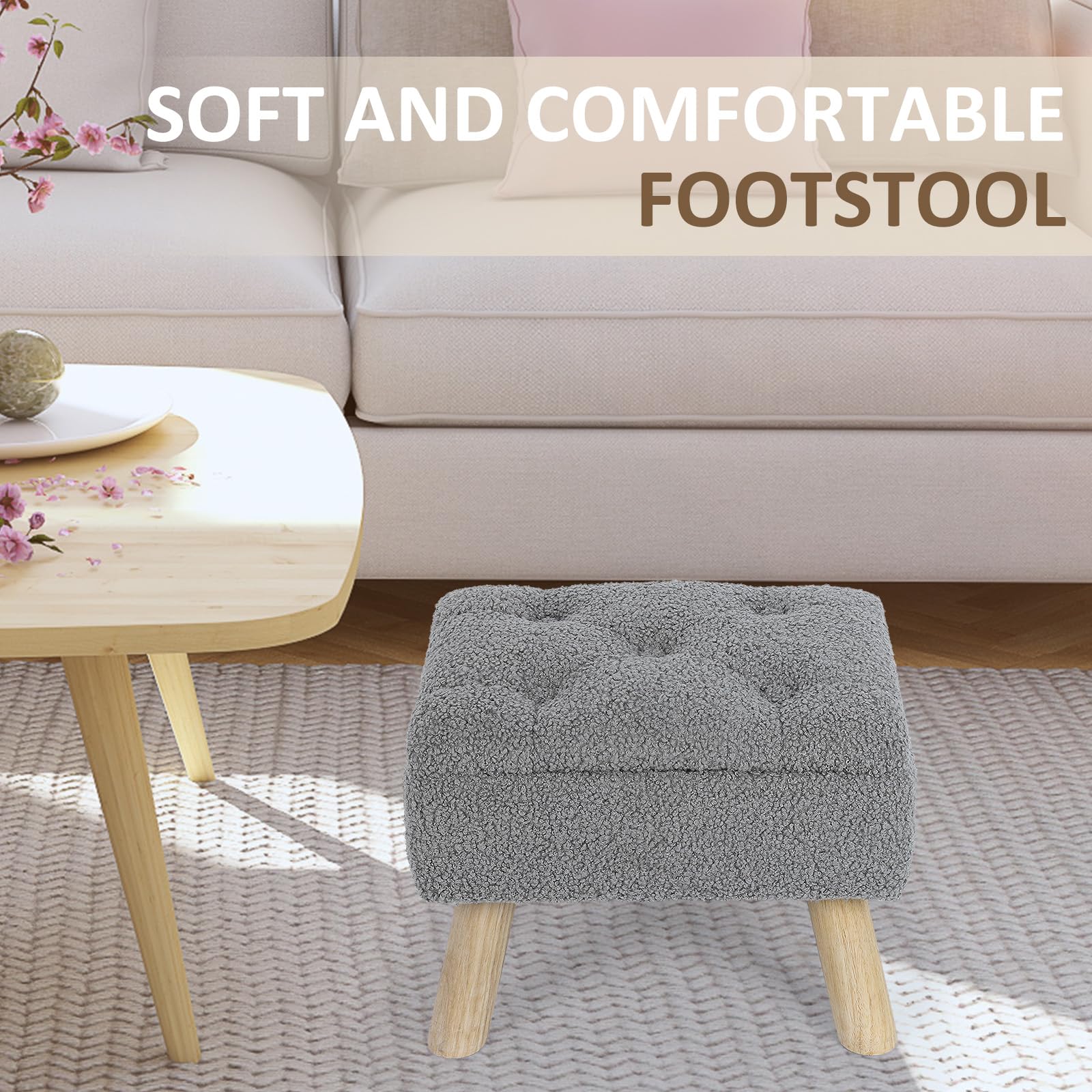 OGEMXU Storage Ottoman, Small Foot Stool Ottoman with Storage, Boucle Teddy Velvet Foot Rest with Padded Seat, Sturdy Wood Legs Stool for Living Room, Bedroom, Couch, Enterway (Cream) Dormly