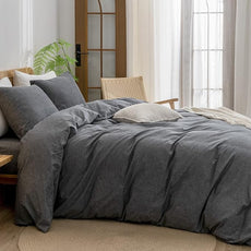 BESTOUCH Duvet Cover Set 100% Washed Cotton Linen Feel Super Soft Comfortable Chic Lightweight 3 PCs Home Bedding Set Solid Dark Black Full/Double