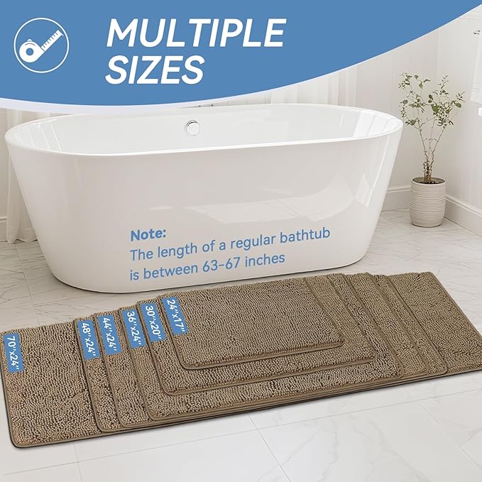 Bcoimo 48"×24" Absorbent Bath Mat, Non-Slip with Backing Chenille Bath Rug and Machine Washable Bathroom Mat Quick-Dry Design. Ideal for Bathroom and Tub Areas