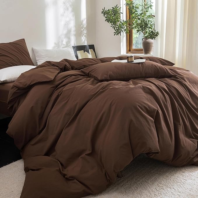 FOSSA Duvet Cover Set 100% Washed Cotton Linen Feel Super Soft Breathable Cozy 3 Pieces Bedding Sets Solid Cocoa Brown King