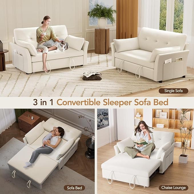 Vipbear 3 in 1 Pull Out Couch, Convertible Sofa Bed, Loveseat Sleeper with Reclining Backrest and Side Pocket for Living Room, Apartment, Tool-Free Assembly, Beige
