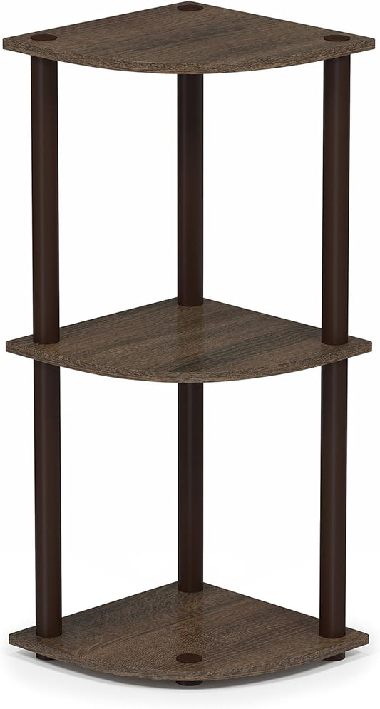 Furinno TURN-N-TUBE Corner Shelf, 3-Tier Corner Bookshelf, Display Storage Shelves with Open Shelves, for Organization and Storage, Living Room, Home Office, Garage, Walnut