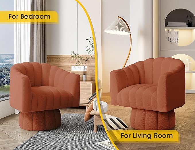 360 Degree Sherpa Swivel Cuddle Barrel Accent Sofa Chairs, Round Teddy Armchairs with Wide Upholstered, Furry Boucle Reading Chair for Living Room, Bedroom, Office, Waiting Rooms (Orange)
