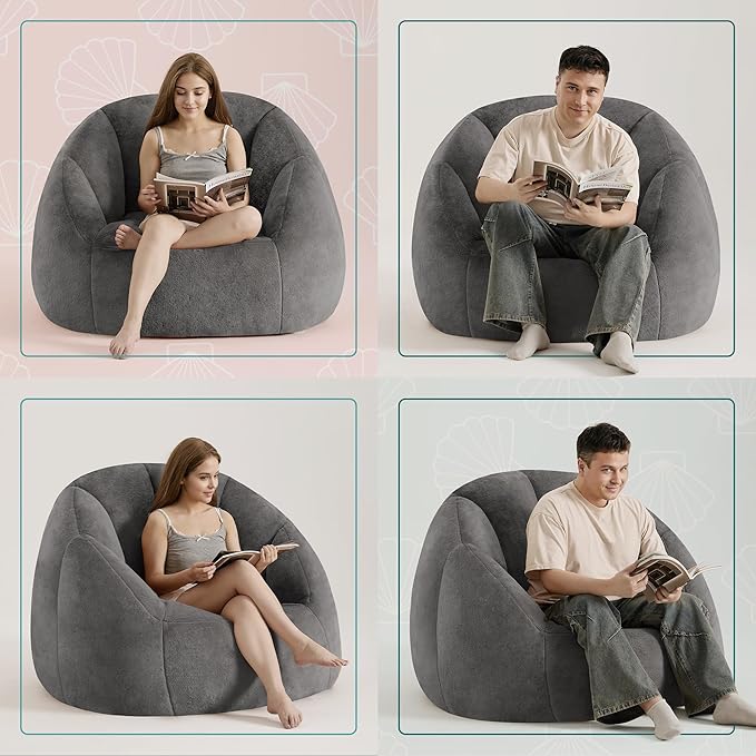 Swivel Giant Bean Bag Chair for Adults - Comfy Plush Round Shell Soft Accent Beanbag Chair, Oversized Cozy Floor Sofa Reading Chair for Living Room, Bedroom & Game Rooms, Gray