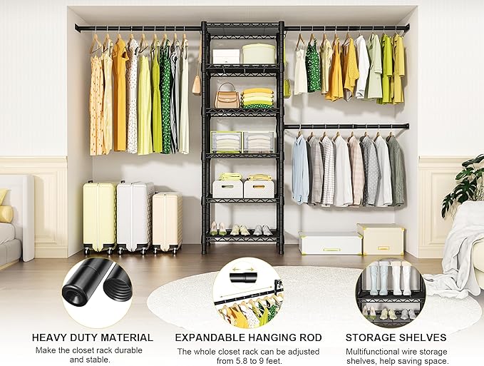 Ulif M5 Wall Mounted Clothes Garment Rack, Heavy Duty Closet Storage and Organizer System with 6 Shelves and 3 Expandable Hanger Rods, Space Saver Suit (46.2-102.4)" W x 14" D x 83.1" H, Black