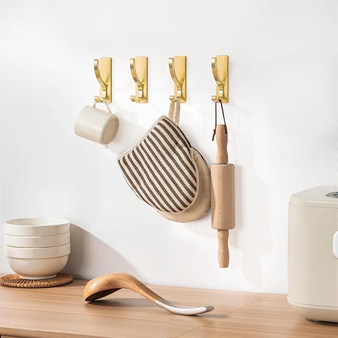 pickpiff Adhesive Wall Hooks for Towels - Sticky Hook Hanging Heavy Duty (13lb), Hanger for Door, Bathroom, Dorm, Closet - for Coats, Purse, Bag, Robe - No Damage to Wall - Brushed Gold 4 Pack