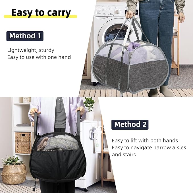 Collapsible Laundry Basket, 90L Foldable Pop Up Laundry Hamper with Reinforced Handles, Tear Proof Mesh Dirty Clothes Hamper for Laundry (Black)