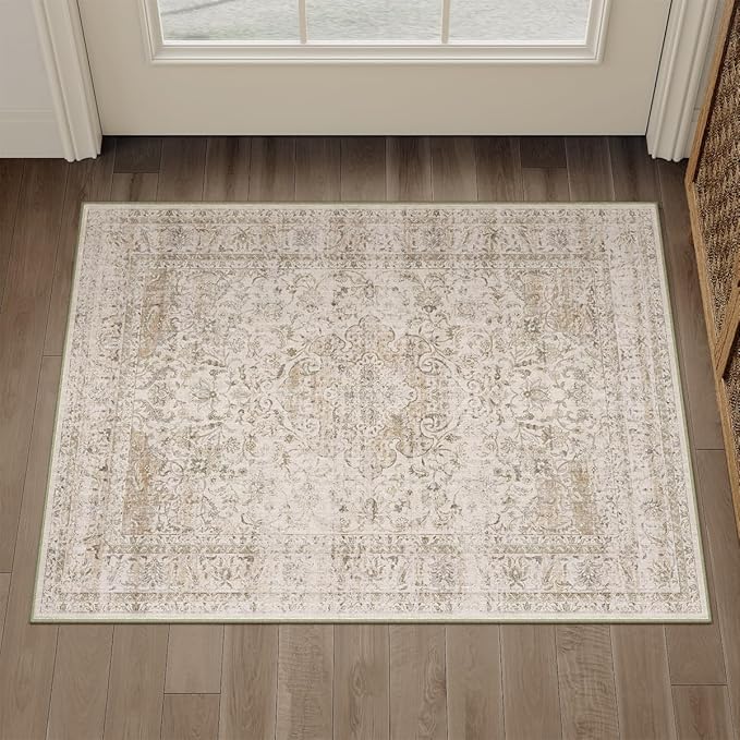 2x3 Washable Beige Area Rug Vintage Entryway Kitchen Carpet Non-Slip Soft Low Pile Distressed Indoor Small Throw Rug for Bedroom Bathroom Entrance