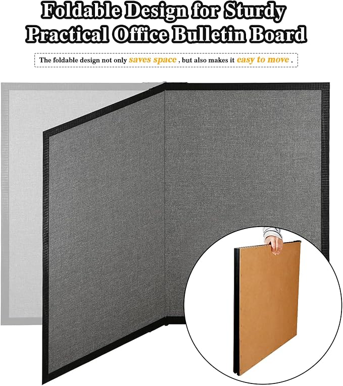 Bulletin Board 48 x 36 Inch, Foldable Cork Board for Walls, Wood Framed Bulletin Boards with Grey Canvas, Wall Mounted Corkboard for Office School Home Decorative