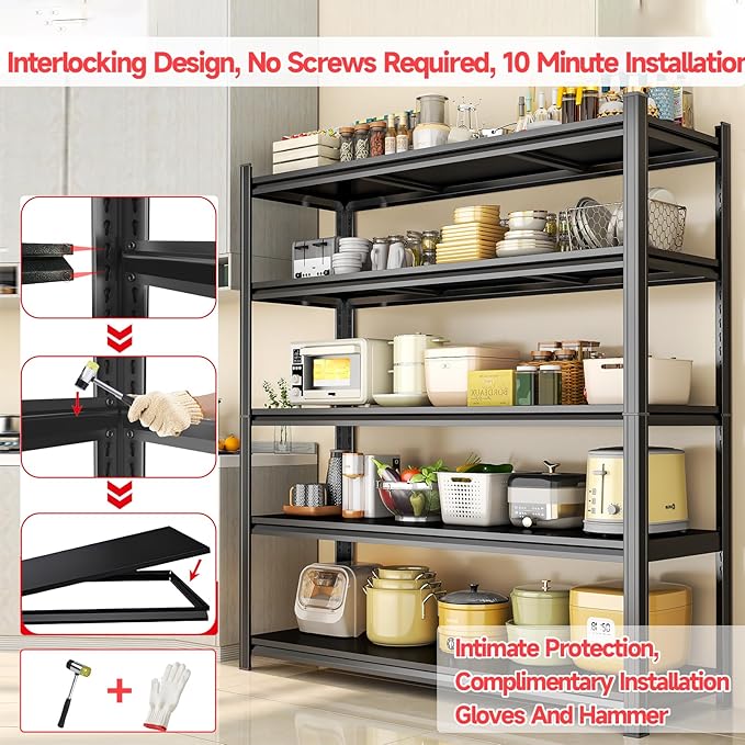 6-Tier Kitchen Shelves with Storage, Metal Microwave Stand Shelf, Coffee Bar for Small Spaces, Free Standing Kitchen Storage Shelf, Racks for Storage, Loads 2400LBS, Black