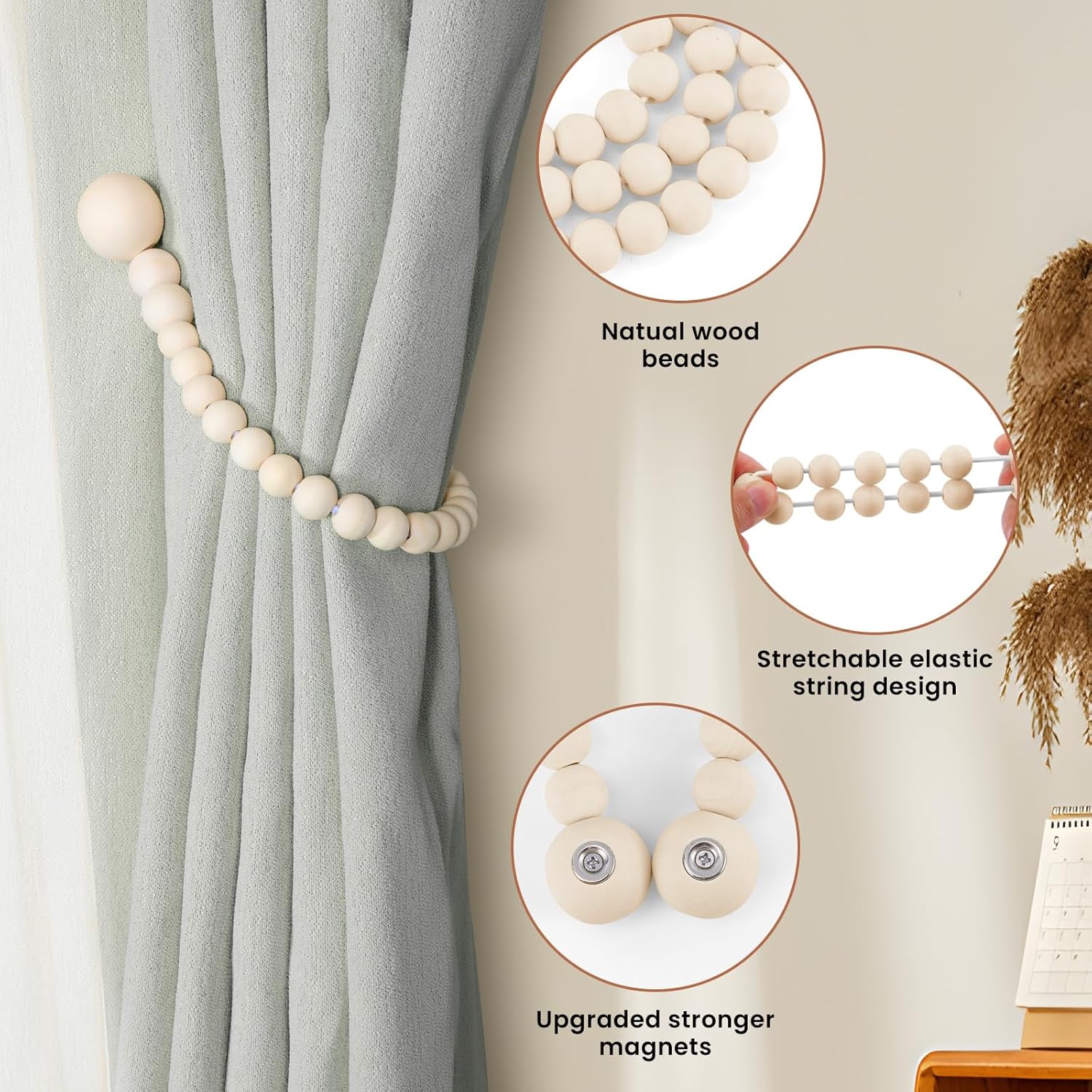 KLOGTSIND Magnetic Curtain Tiebacks, Curtain Tie Backs for Curtains 4 Pack, Wood Bead Curtain Tiebacks, Curtain Holders for Boho Bedroom Decor, Baby Nursery Decor, Farmhouse Decor Dormly