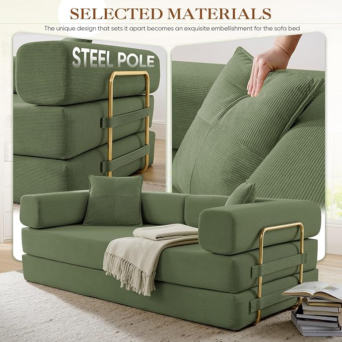 Antetek Convertible Futon Sofa Bed, 3-Seater Modern Corduroy Foam Floor King Size Bed Fold Out Sleeper Lounge Loveseat Sofa Couch with 2 Throw Pillows for Living Room Bedroom Guest Room, Army Green