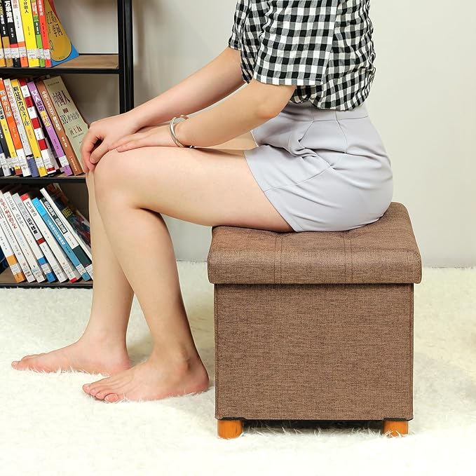 B FSOBEIIALEO Storage Ottoman with Tray, Foot Stools and Ottomans with Legs, Storage Cube Seat Linen Brown 15"