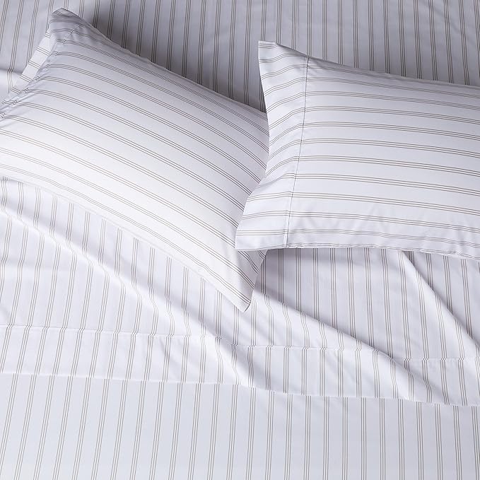Amazon Basics Lightweight Super Soft Easy Care Microfiber 4 Piece Bed Sheet Set with 14-Inch Deep Pockets, Queen, Taupe Stripe, Striped AmazonBasics