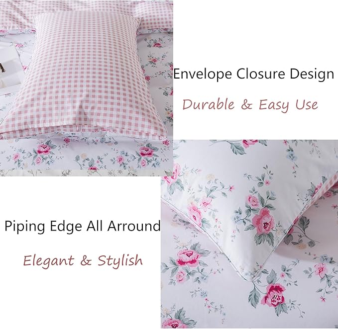 FADFAY Rose Duvet Cover Set Twin Pink Floral Bedding Vintage Botanical Flower Quilt Cover Set Rustic Farmhouse Bedding 100% Cotton Soft Comforter Cover with Hidden Zipper Closure 3Pcs, Twin Size