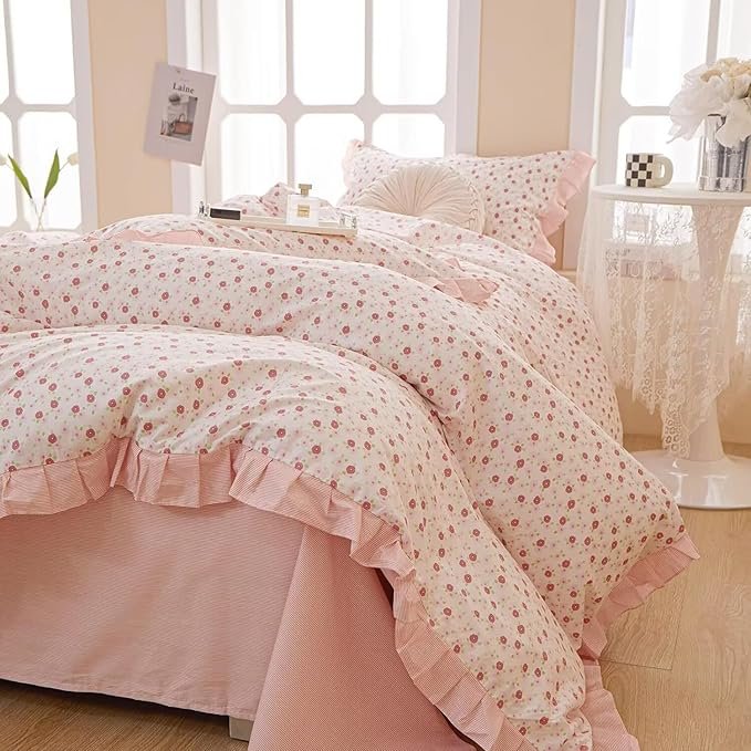 MKXI King Size Pink Floral Ruffle Comforter Set - 3 Piece Pastoral Ruffled Floral Comforter with Pillow Shams, Reversible Pink Flower & Striped Design, Soft Aesthetic Bedding Set for Teen Girls