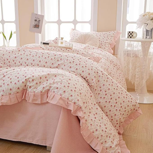 MKXI King Size Pink Floral Ruffle Comforter Set - 3 Piece Pastoral Ruffled Floral Comforter with Pillow Shams, Reversible Pink Flower & Striped Design, Soft Aesthetic Bedding Set for Teen Girls