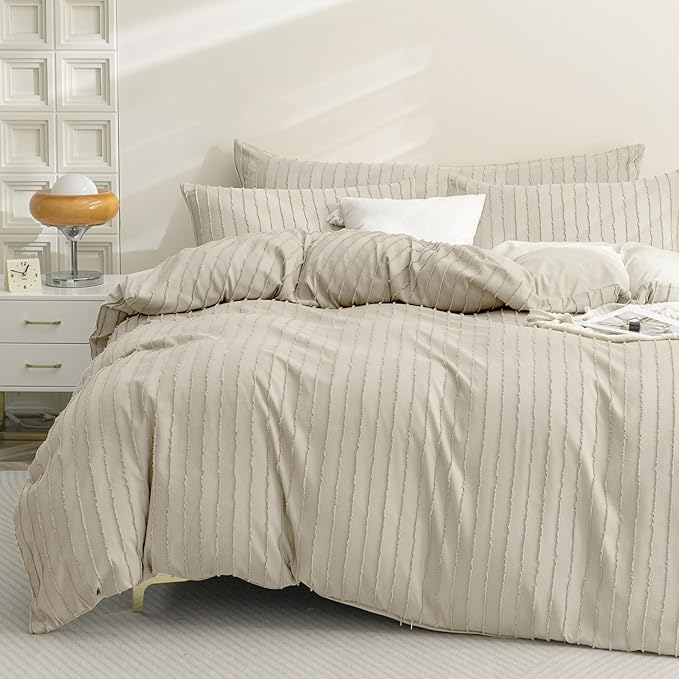 JELLYMONI Duvet Cover Oversized Queen Size Light Khaki - 3PCS Boho Striped Duvet Cover Set Polyester Tufted Bohemian Textured Comforter Cover 98×98in with Corner Ties & Zipper and 2 Pillowcases
