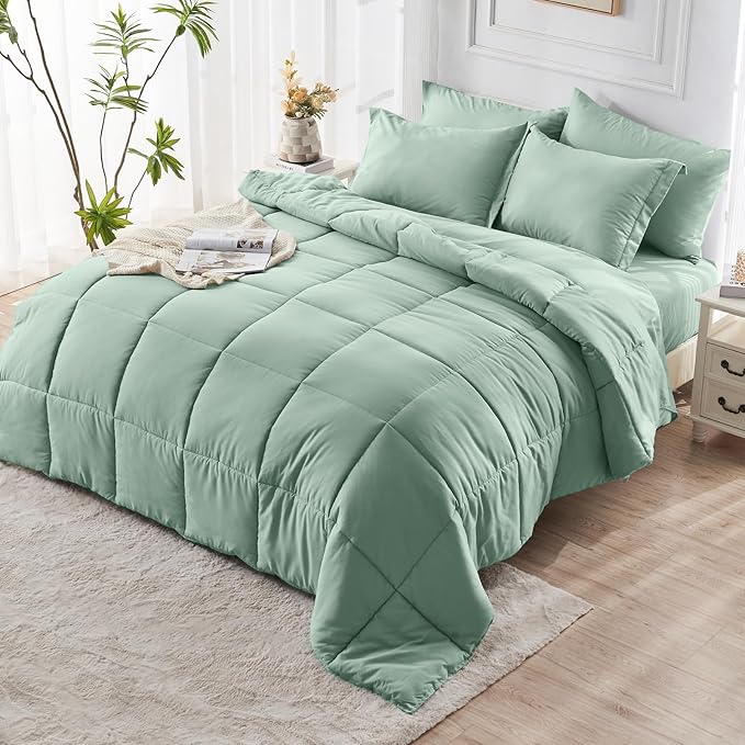 JOLLYVOGUE King Comforter Set, Ultra-Soft Bed in a Bag King Size 7 Pieces, Oeko-TEX Certified Bedding Set with Down Alternative Comforter, Sheets, Pillowcases & Shams, Sage Green