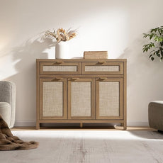 SICOTAS Rattan Sideboard Buffet Cabinet with Storage, Boho Credenza Accent Cabinet with 3 Doors and 2 Drawers, Farmhouse Console Coffee Bar for Kitchen, Living Room, and Entryway, Caramel Oak