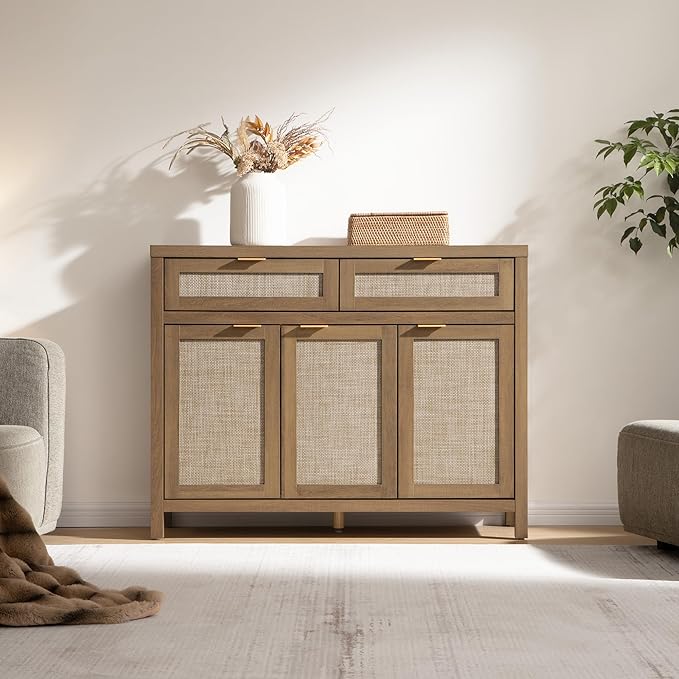SICOTAS Rattan Sideboard Buffet Cabinet with Storage, Boho Credenza Accent Cabinet with 3 Doors and 2 Drawers, Farmhouse Console Coffee Bar for Kitchen, Living Room, and Entryway, Caramel Oak