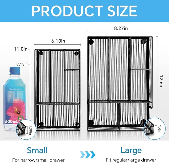 Desk Drawer Organizer, Office Drawer Divider Organizer Tray with 6 Compartments, Metal Mesh Desktop Organization and Accessories for Stationery Makeup Kitchen Toolroom School ＆Office, 12.6x8.27x1.6 in