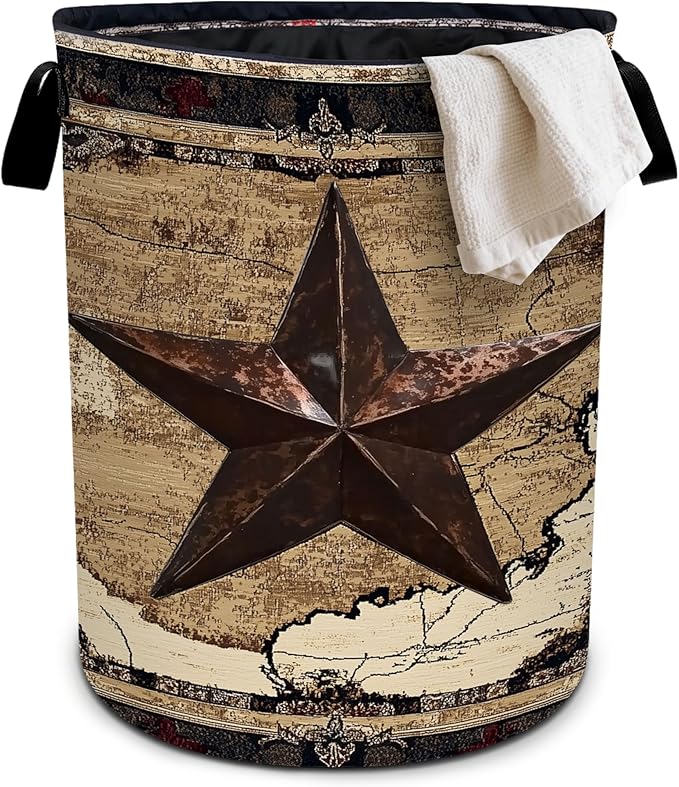 Western Texas Star Laundry Basket Foldable Oxford Cloth Tote Bag Laundry Hamper Clothes Storage Bucket Organizer For Bathroom/Laundry Storage/Bedroom 19.6x15.7 Inch