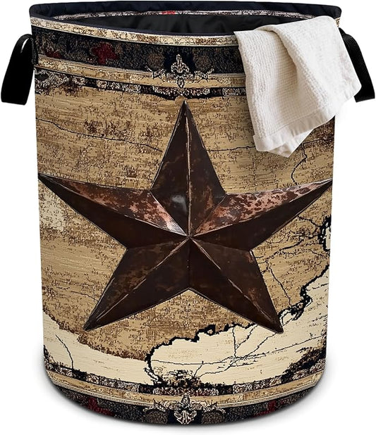 Western Texas Star Laundry Basket Foldable Oxford Cloth Tote Bag Laundry Hamper Clothes Storage Bucket Organizer For Bathroom/Laundry Storage/Bedroom 19.6x15.7 Inch