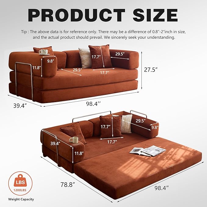 98.4" Convertible Sofa Bed - Compression Sofa with Corduroy Fabric - with Armrests and Backrest - Modular Sectional for Living Room, Bedroom, Studio - Compression Sofa in Box (Orange)