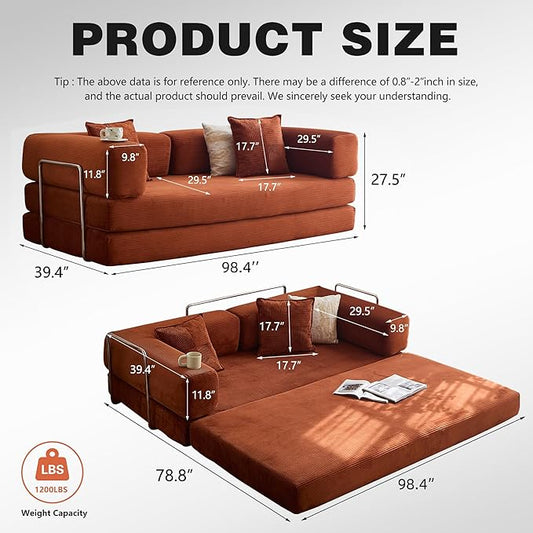 98.4" Convertible Sofa Bed - Compression Sofa with Corduroy Fabric - with Armrests and Backrest - Modular Sectional for Living Room, Bedroom, Studio - Compression Sofa in Box (Orange)