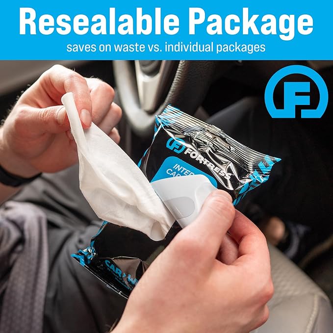Fortress Car Interior Wipes with Microfiber Cloth (25 ct, Pack of 64) for Car Interior Cleaning, Dashboard, Seats, Detailing, and Steering Wheel [Travel Size] Skin-Safe Car Interior Cleaner Supplies