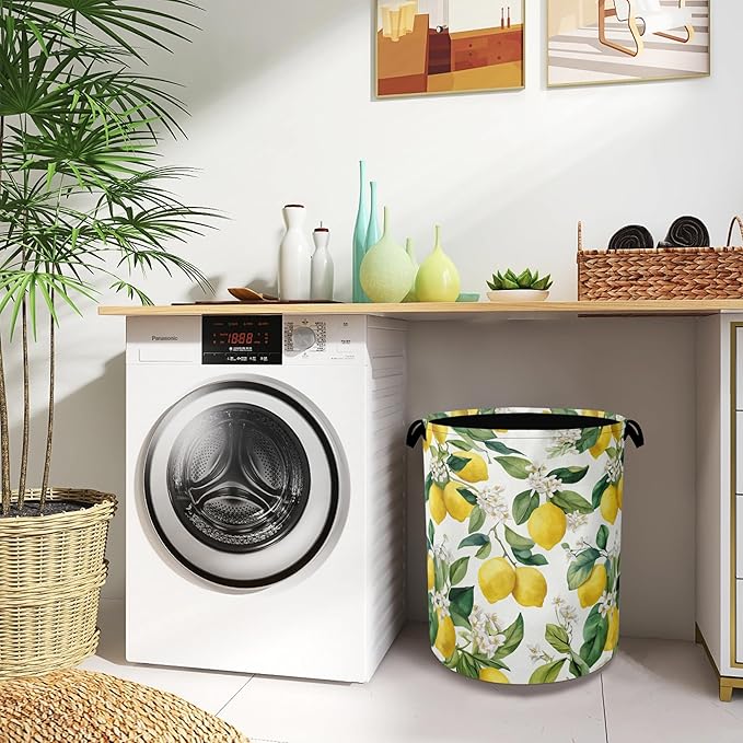 Lemon Laundry Basket,Flower Leaf Foldable Oxford Cloth Tote Bag Laundry Hamper Clothes Storage Bucket Organizer for Bedroom Laundry Storage Dormitories 16" x 20.8"