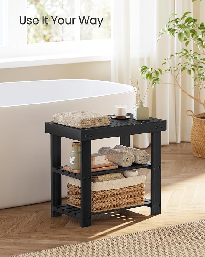 SONGMICS Shoe Rack Bench, 3-Tier Bamboo Shoe Storage Organizer, Entryway Bench, Holds Up to 286 lb, 11.3 x 19.7 x 17.8 Inches, for Entryway Bathroom Bedroom, Ink Black ULBS001B01