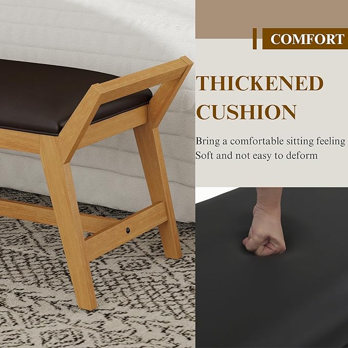 51" End of Bed Bench, Entryway Bench with Solid Wood Frame Fabric Ottoman Bench for Bedroom/Entry/Living Room, PU Leather Brown