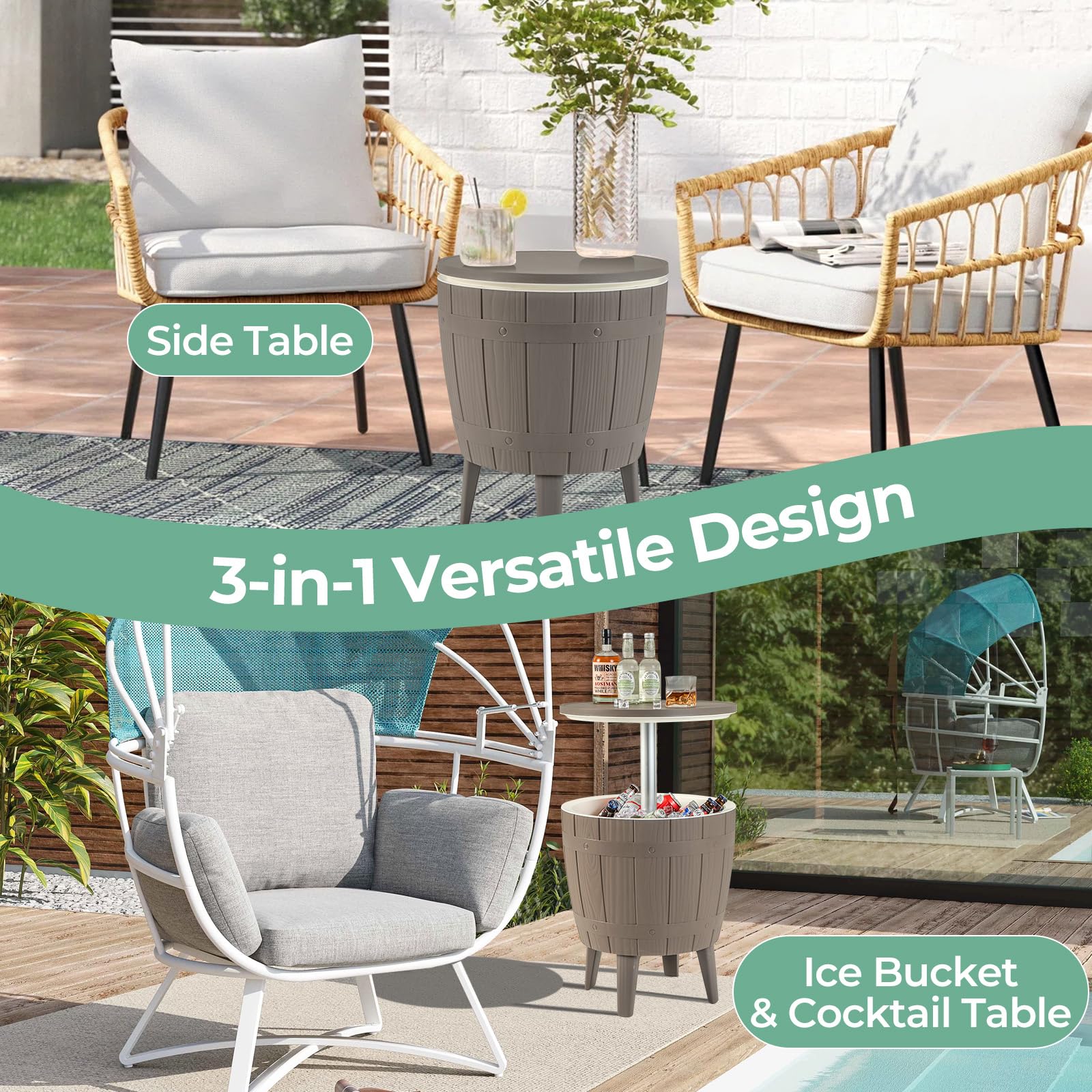 Giantex Cooler Side Table Outdoor, 10 Gallon Ice Cooler with Drainage Plug, Adjustable Height, 3-in-1 Cocktail Patio Par Table for Beer Wine Storage, Deck Pool Backyard Party, Taupe (Wood-Style)