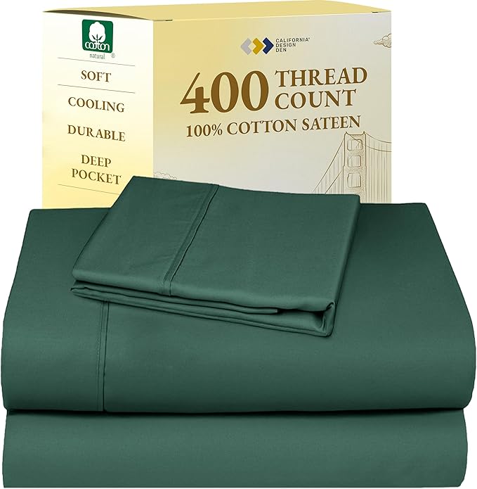 California Design Den Soft Twin Sheets Set - 400 Thread Count Sateen, Natural 100% Cotton Sheets, Deep Pockets, and Durable Bedding Set for Dorm Rooms & Adults - Hunter Green