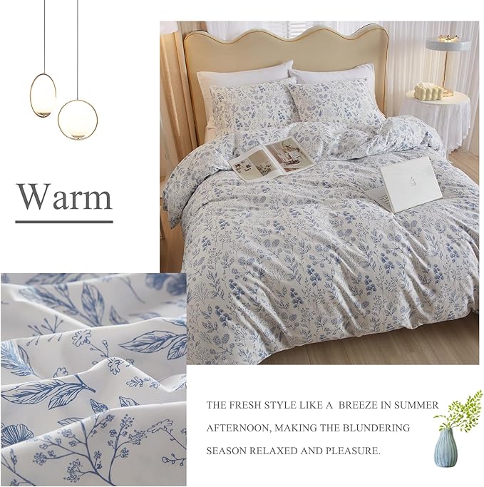 3 Pieces Duvet Cover Full Size Bedding White Duvet Cover with Blue Floral Print,Coquette Bedding Soft Cotton Comforter Cover Boho Style,Aesthetic Full Bedding Set with Zipper Closure 4 Ties,All Season