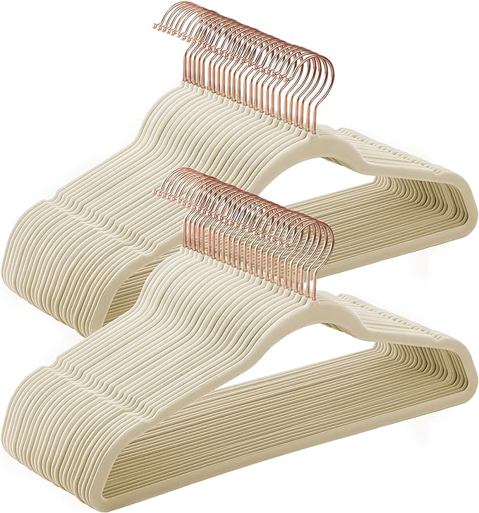 SONGMICS Slim Velvet Hangers, Non-Slip Clothes Hangers with Rose Gold Swivel Hooks, Space-Saving, for Closet, 50 Pack, Sandy Beig UCRF026K50