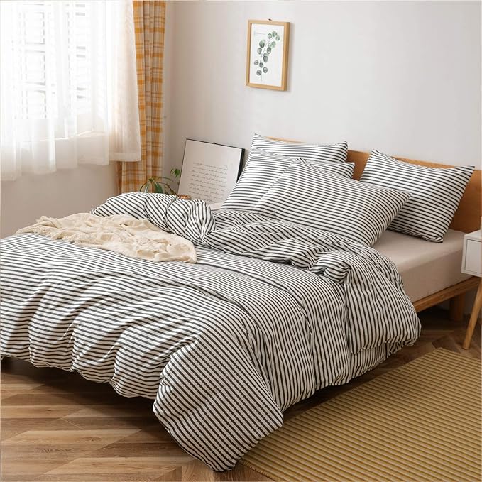 JELLYMONI 100% Natural Cotton 3pcs Striped Duvet Cover Sets,White Duvet Cover with Dark Grey Stripes Pattern Printed Comforter Cover,with Zipper Closure & Corner Ties(Queen Size)