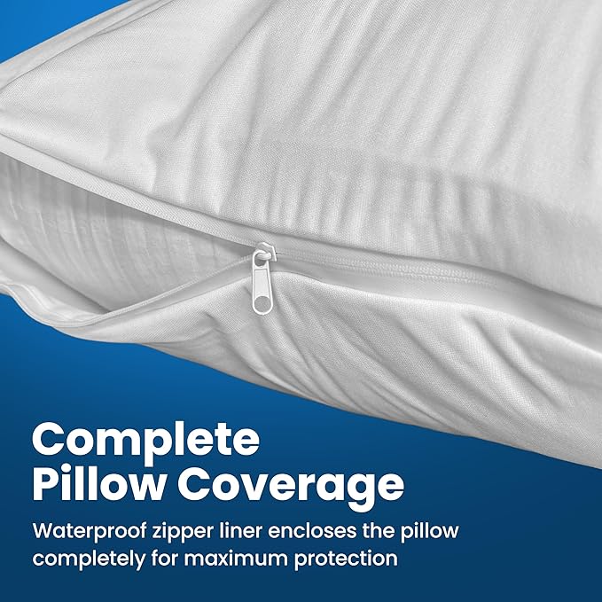 100% Stain Resistant & Waterproof Queen Size Pillow Protectors with Zipper Set of 2 - Bed Bug & Dust Mite Proof White Pillowcases - Breathable, Comfortable Pack of Covers for Pillows, 20 x 30 Inches