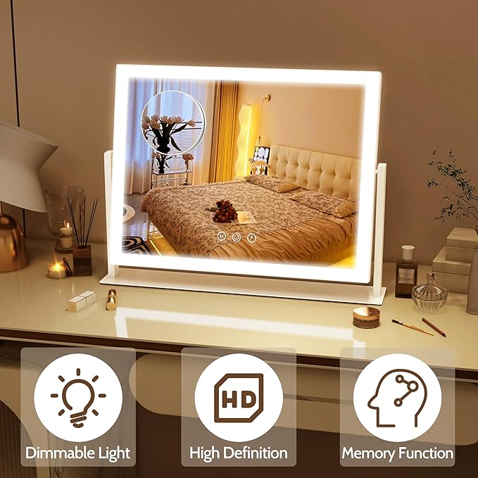 ROLOVE Lighted Makeup Mirror 16.3"x12.6", Hollywood Vanity Mirror with 10X Magnifier, 3 Color LED Lighting Modes, Smart Touch Control & 360° Rotation, Tabletop Makeup Mirror (White, Gift Ready)