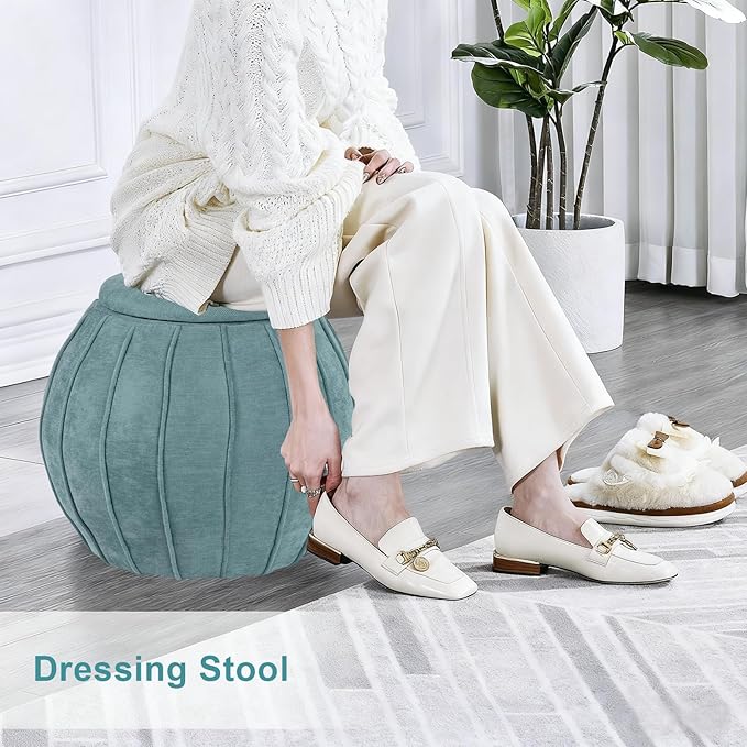 Crestview Collection 18" Foot Stool Ottoman, Round Storage Ottoman Removable Seat, Fabric Round Foot Rest, Vanity Stool, Extra Seating for Living Room, Bedroom, Entryway (Blue)
