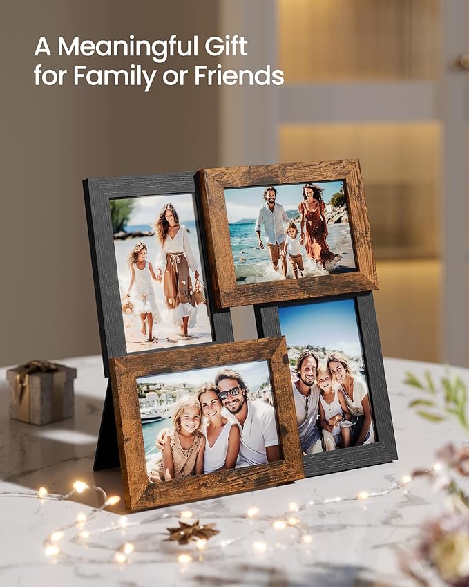SONGMICS 4x6 Collage Picture Frames, Family Photo Collage Frame Set of 4 for Wall Decor, Glass Front, Wall Hanging or Tabletop, Ash Black and Rustic Brown URPF025K01