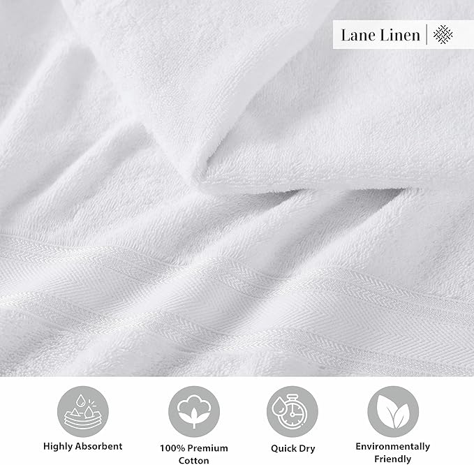 LANE LINEN Luxury Bath Towels Set - 3 Piece 100% Cotton Bathroom Towels, Quick Dry, Extra Aborbent, Super Soft Towels Set 1 Hand Towel, 1 Wash Cloths, 1 Bath Towel, White