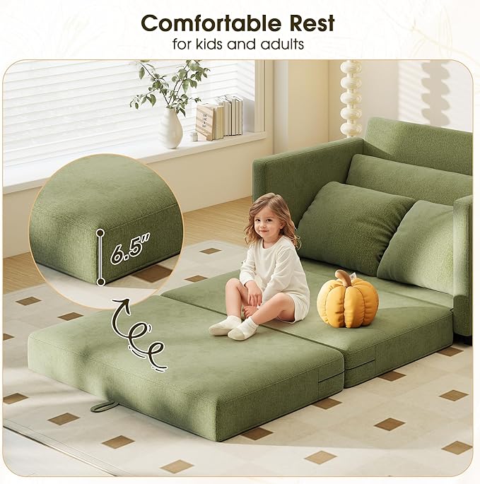 51" Convertible Loveseat Sofa Bed, 2 in1 Folding Sofa Bed, Loveseat Sleeper Sofa for Small Spaces, Fold Out Floor Couch with 2 Pillows for Apartment, Living Room & Guest Room, Green Chenille Fabric