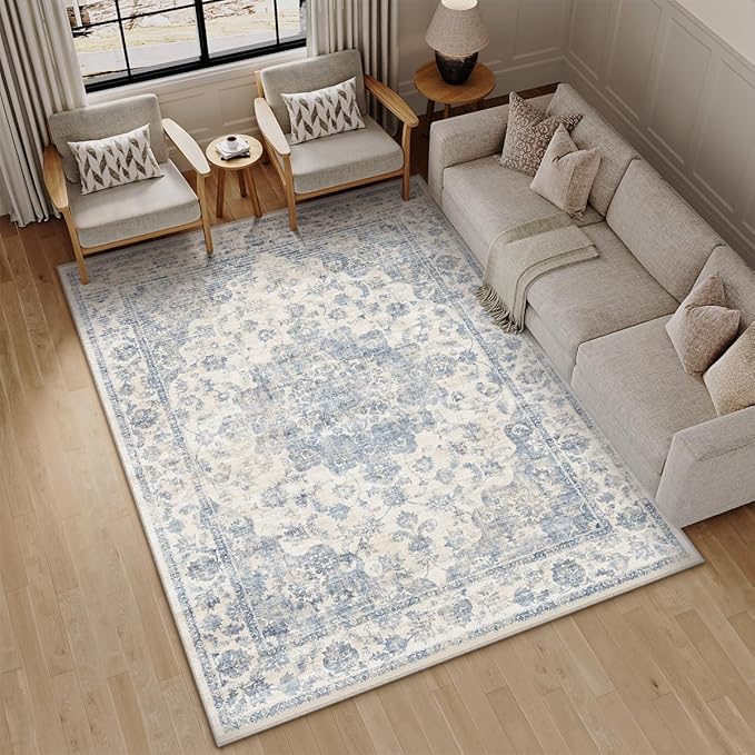 5x7 Washable Neutral Area Rug Blue Vintage Living Room Bedroom Carpet Non-Slip Soft Low Pile Floral Indoor Throw Rug for Dining Room Entryway Office