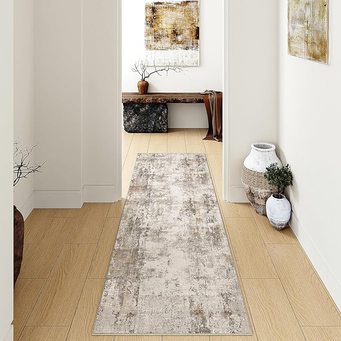 2x12 Washable Runner Rug Brown Grey Abstract Hallway Kitchen Throw Rug Neutral Modern Non Slip Soft Low Pile Carpet for Bathroom Laundry Bedroom Living Room