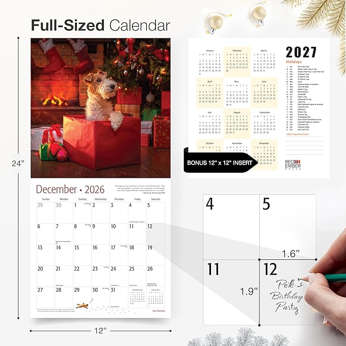RED EMBER Fox Terriers 2026 Wall Calendar 12 Month | 12" x 24" Open | Thick & Sturdy Paper | Holiday Gift | Cute Puppy Dog Calendar 2026