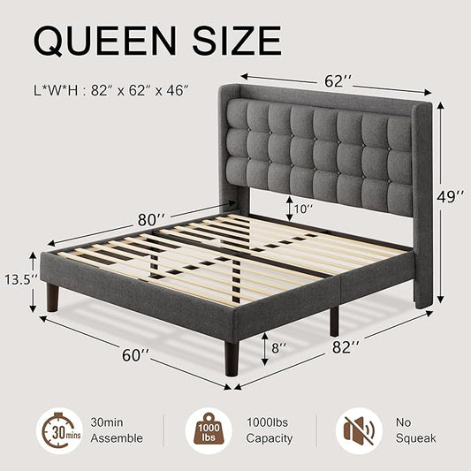 Queen Bed Frame, Upholstered Platform Bed with Charging Station, Modern Wingback Storage Headboard, Solid Wood Slats Support, No Box Spring Needed, Dark Gray